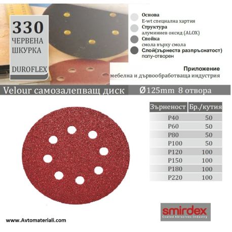 Червена шкурка диск Velcro - Ф125 с 8 отвора
